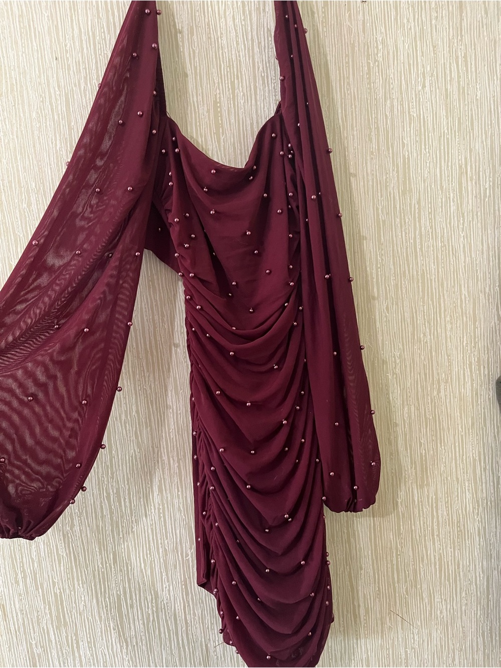 Windsor Wine One-Shoulder Pearl-Accent Dress